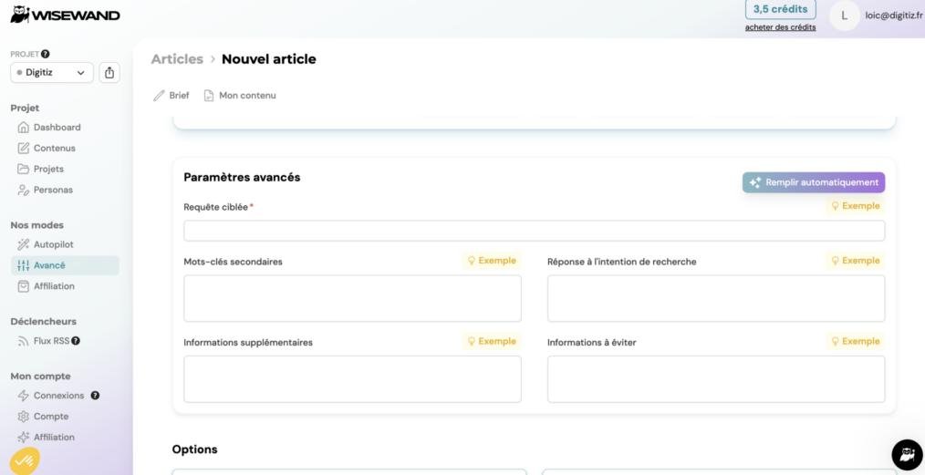 interface de Wisewand